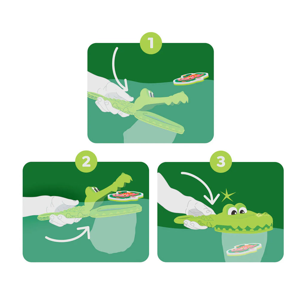 A three step demonstration of crocodile shaped bath toy net scooping a foam frog