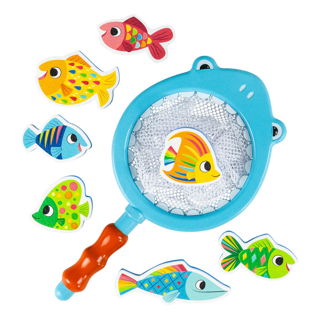 Blue shark shaped net and multi-coloured foam fish toys