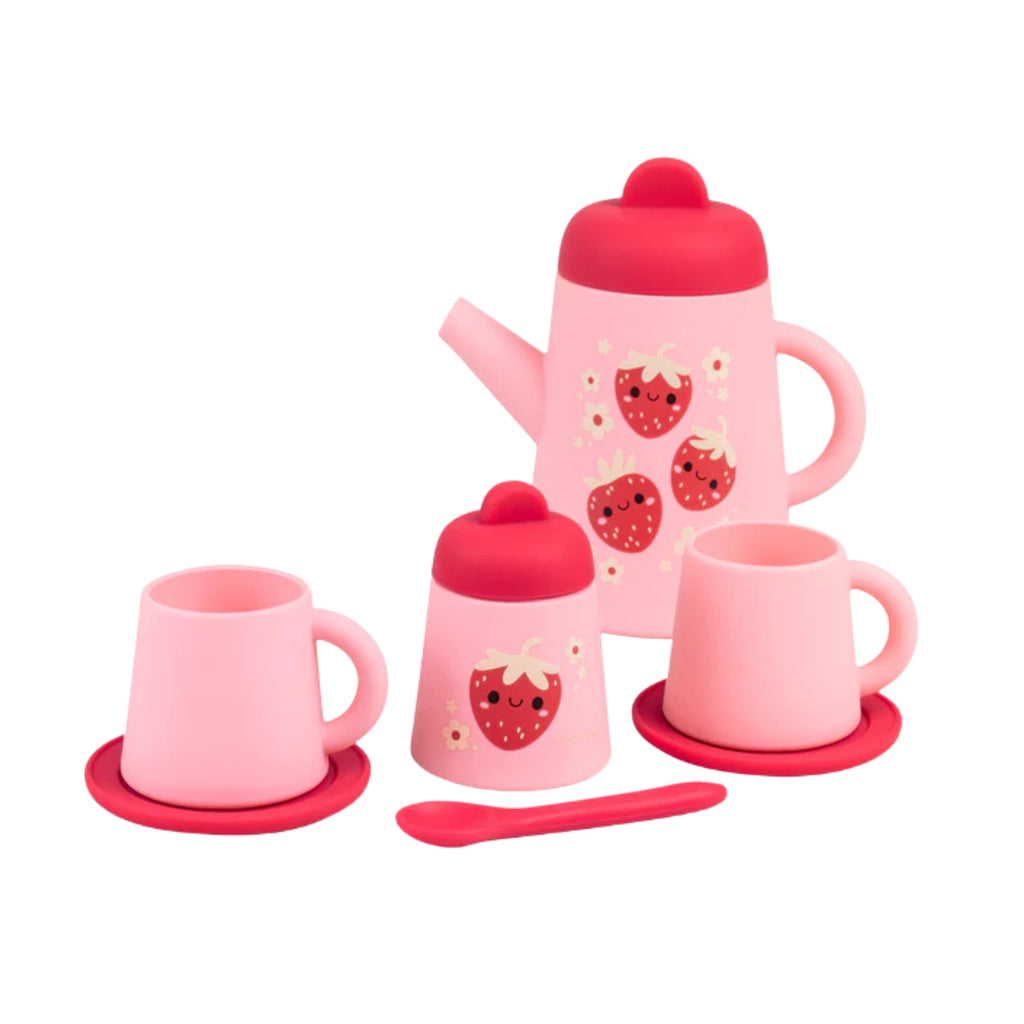 A light pink and hot pink children's silicone tea set with strawberry image on the side