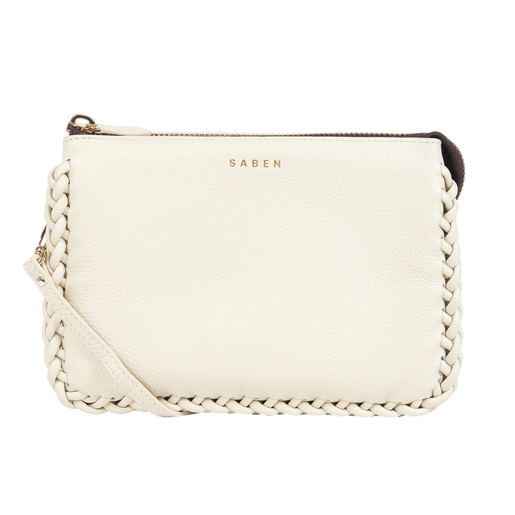 A white background with a sand coloured rectangle leather bag with a braided leather edge, and embossed SABEN branding on the front. 