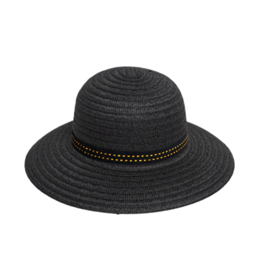 A white background with a black coloured woven, wide brim hat with black and gold ribbon around the centre