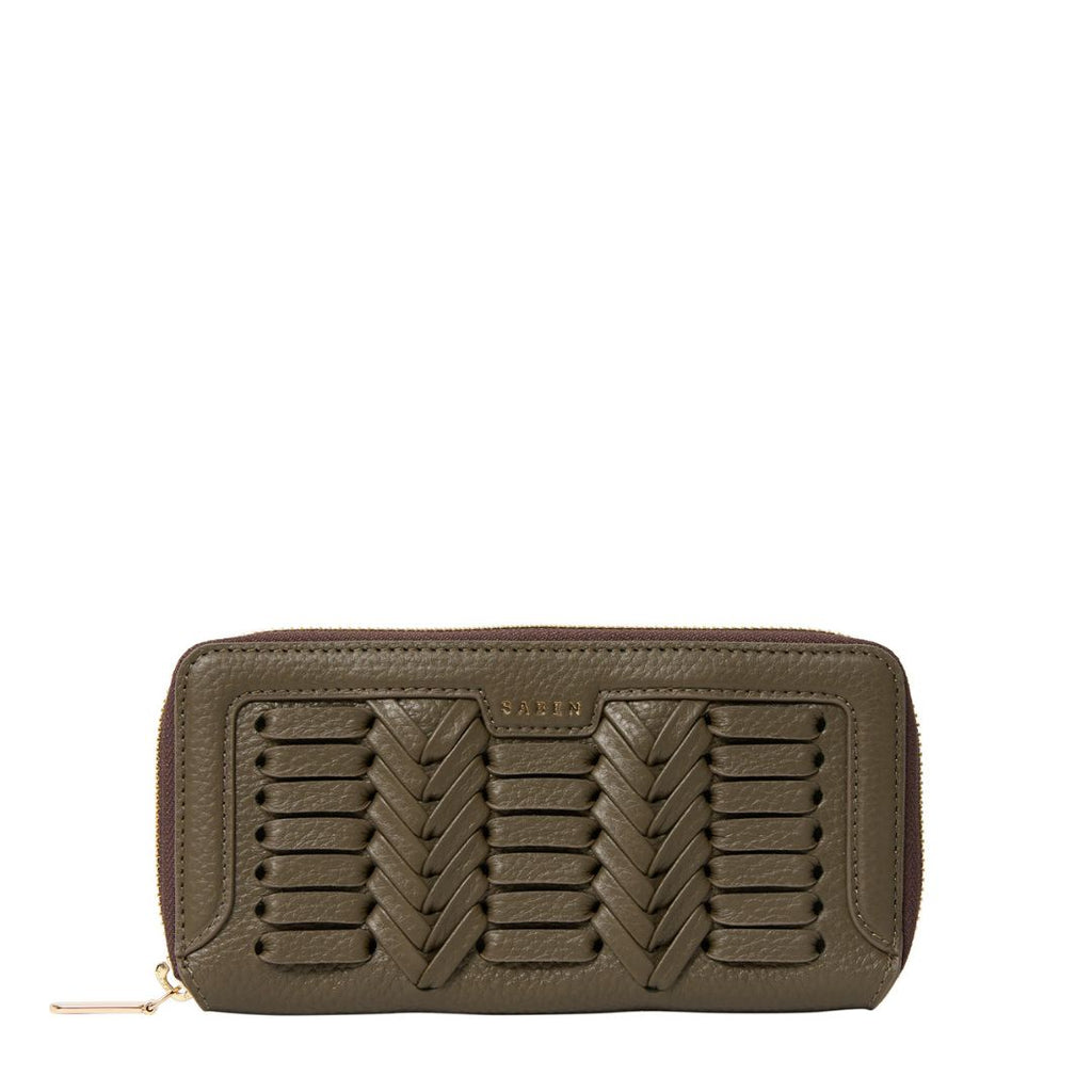 Saben - Lyric Wallet - Rosemary Macro Weave. Large woven leather wallet in olive green with zip