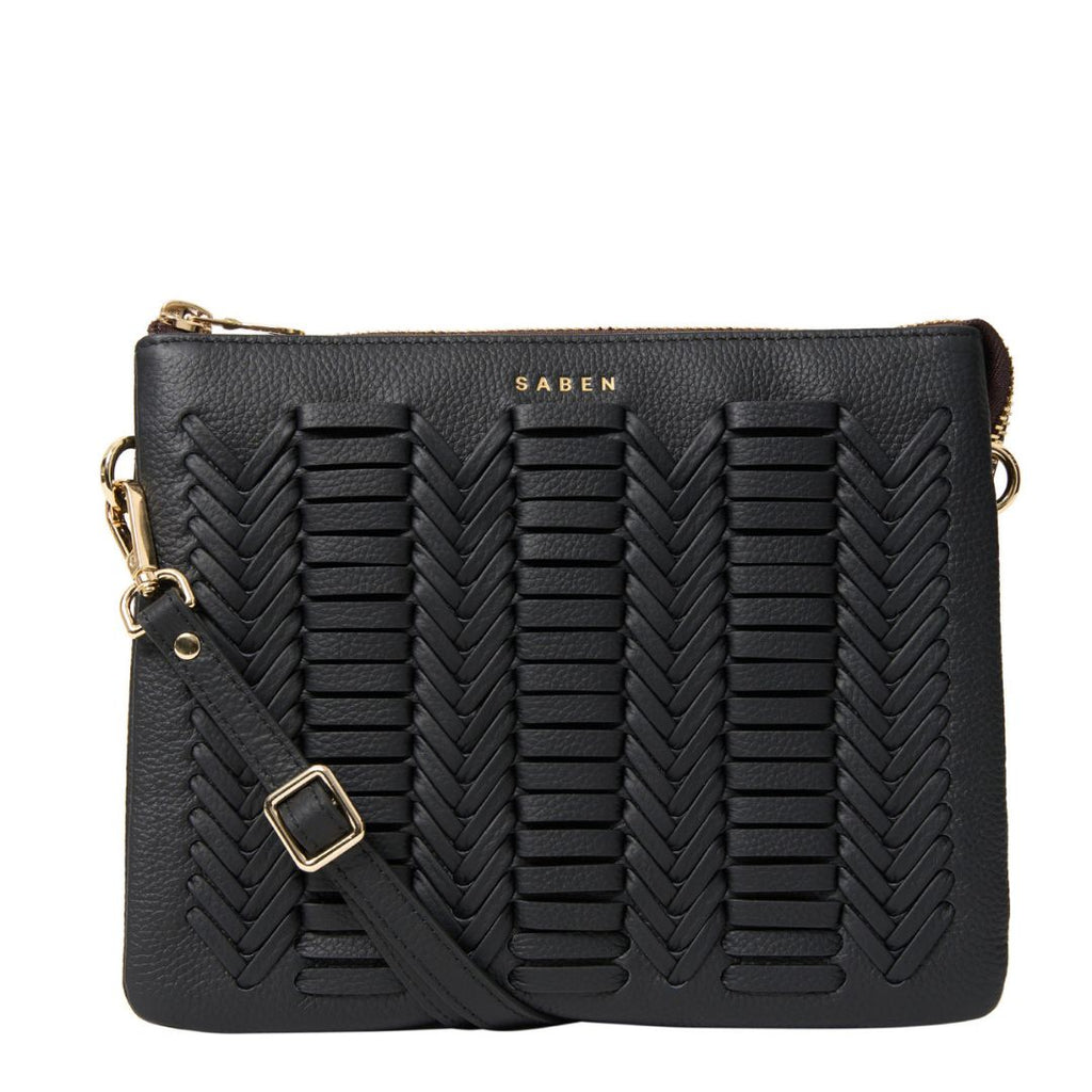 Saben - Matilda Crossbody - Black Chevron textured leather handbag with strap