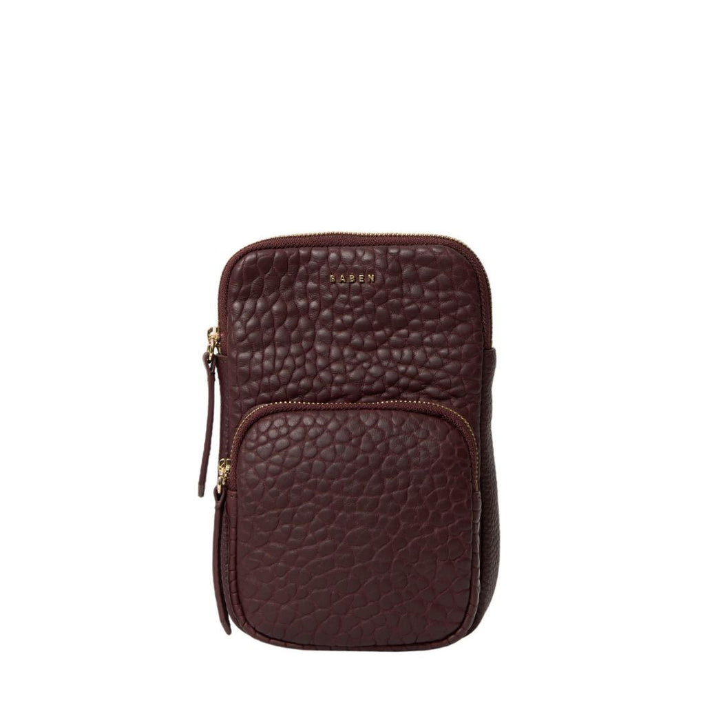 Saben - Nikko Phone Sling - Merlot Bubble. Red wine coloured small phone bag with front zip compartment