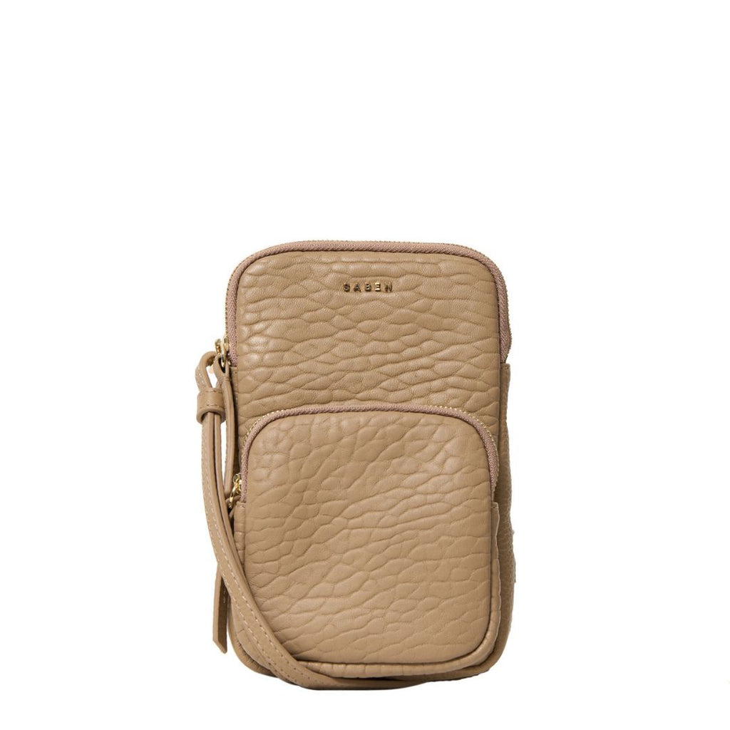 Saben - Nikko Phone Sling - Tea Bubble. Tan coloured phone bag with front zip compartment