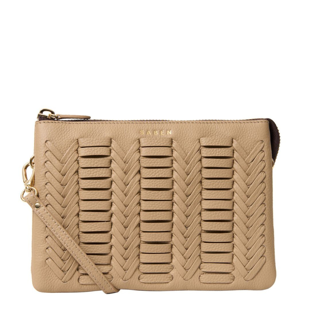 Saben - Tilly’s Big Sis - Tea Chevron textured tan leather handbag with shoulder strap