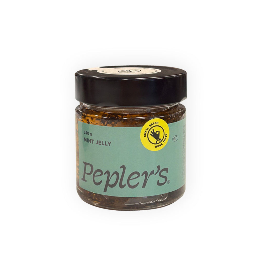 Peplers mint yellow in a clear glass jar and green label