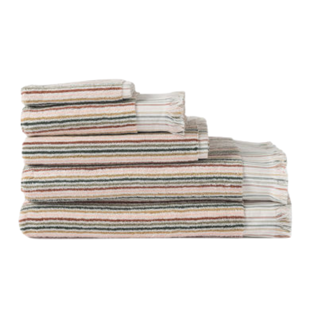 A set of two bath towels, a bath matt, hand towel and washcloth folded in a multicoloured stripe pattern 