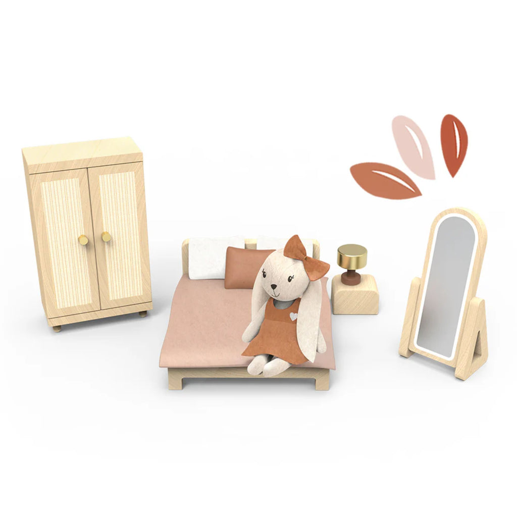 A toy doll bedroom set including a bunny figure, wardrobe, bed, side table, lamp and mirror 