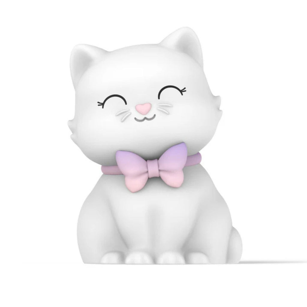 White children's cat night light with a purple and pink bowtie