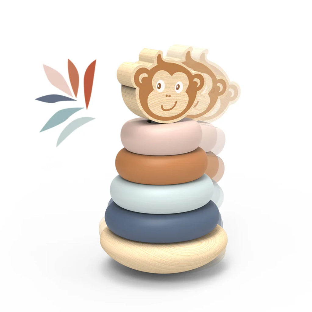 A set of wooden stacking ring toys in different colours with a monkey on the top 