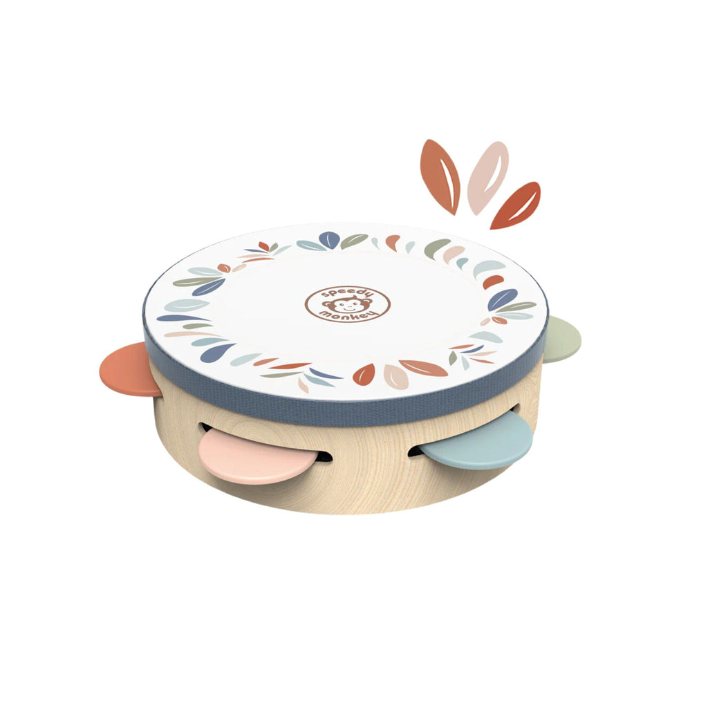 A toy wooden tambourine with multicoloured features