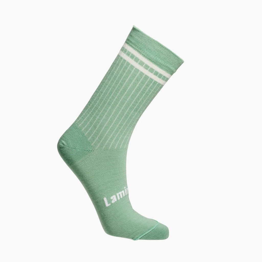 Lamington Merino Womans Socks - Stripe Sage Crew sock. Green coloured mid length sock with a white stripe