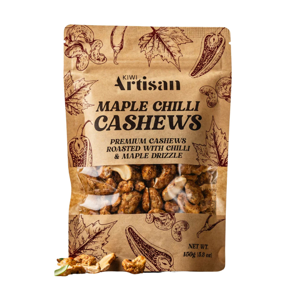 Kiwi Artisan maple chili cashew nuts in a brown resealable bag with a clear window on the front