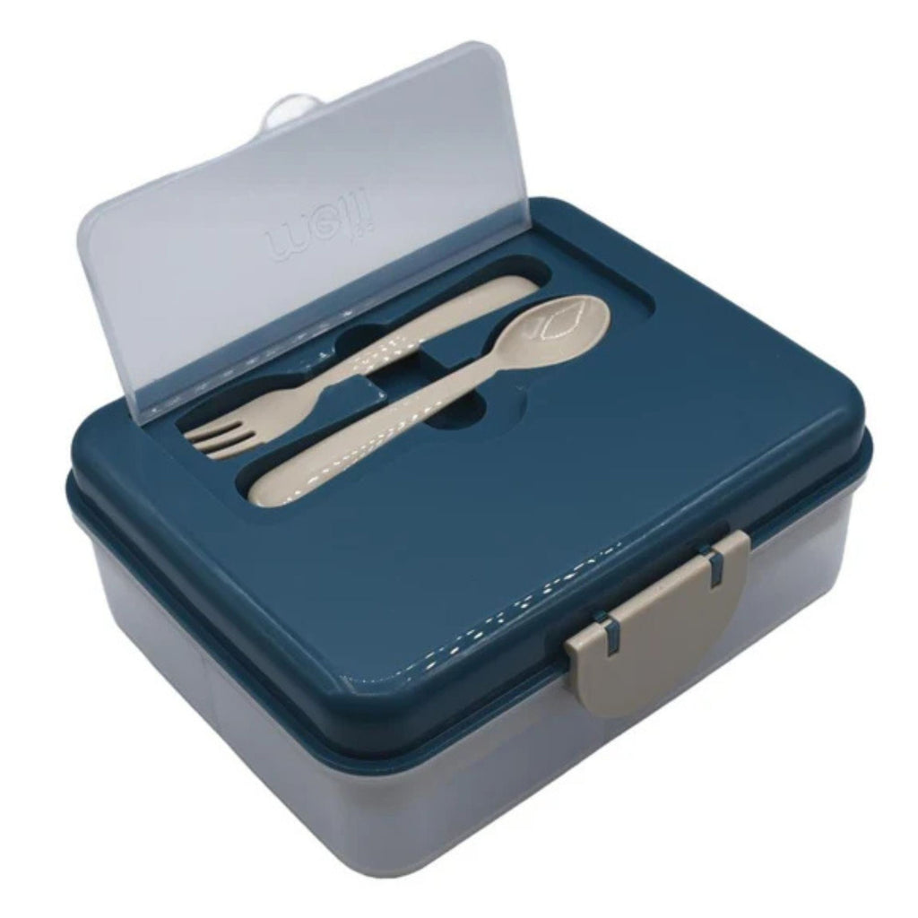 A Melii plastic lunchbox with a dark blue lid and transparent bottom featuring an open top compartment with grey cutlery and a grey clip  