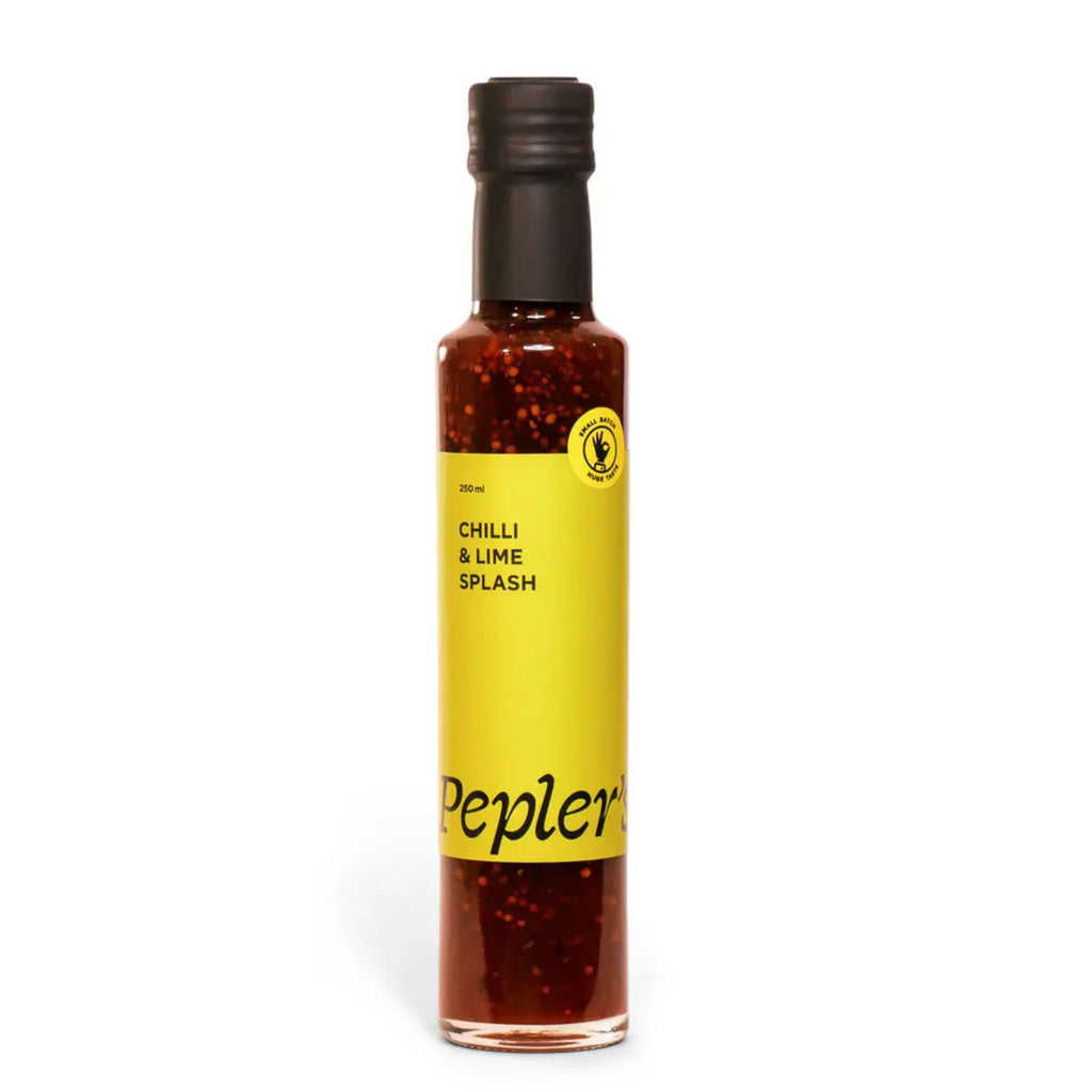 Peplers - Chilli & Lime Splash bottle with yellow label and black lid.