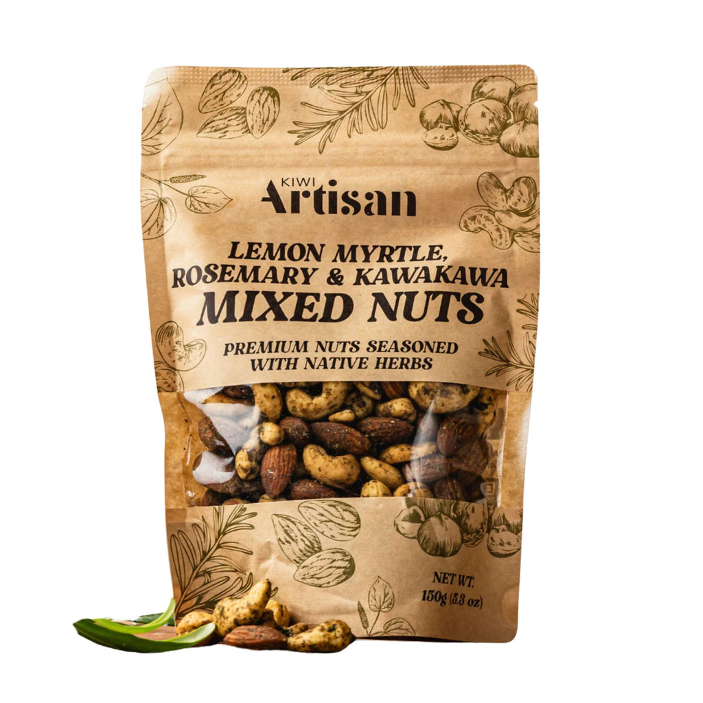 Kiwi Artisan mixed nuts in a brown resealable bag with a clear window on the front