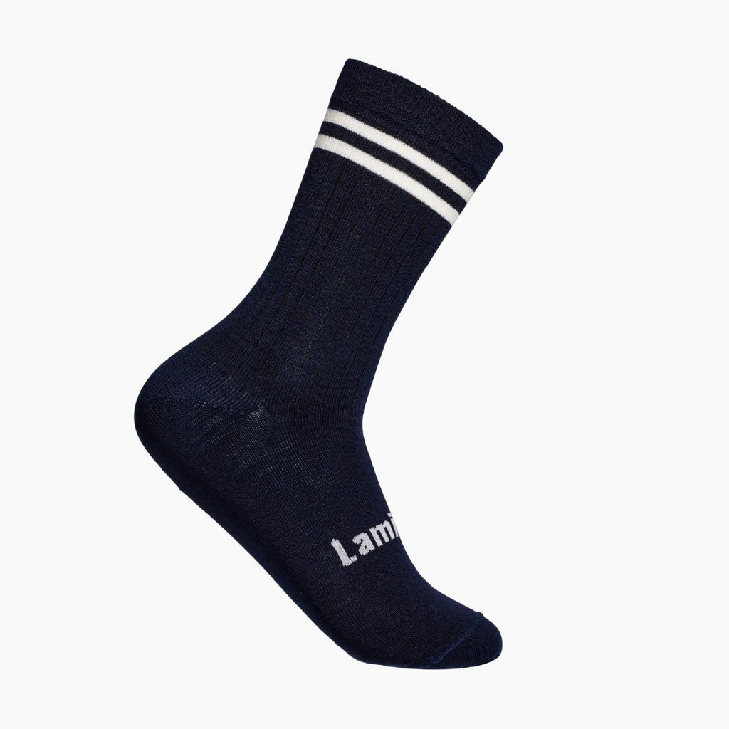 Lamington Mens Merino Socks - white Stripe Navy Crew length sock