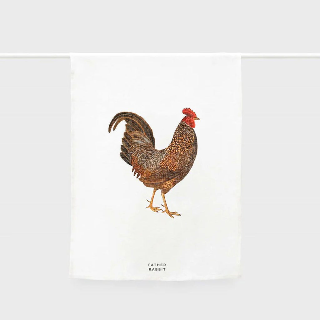 White tea towel with an image of a rooster 