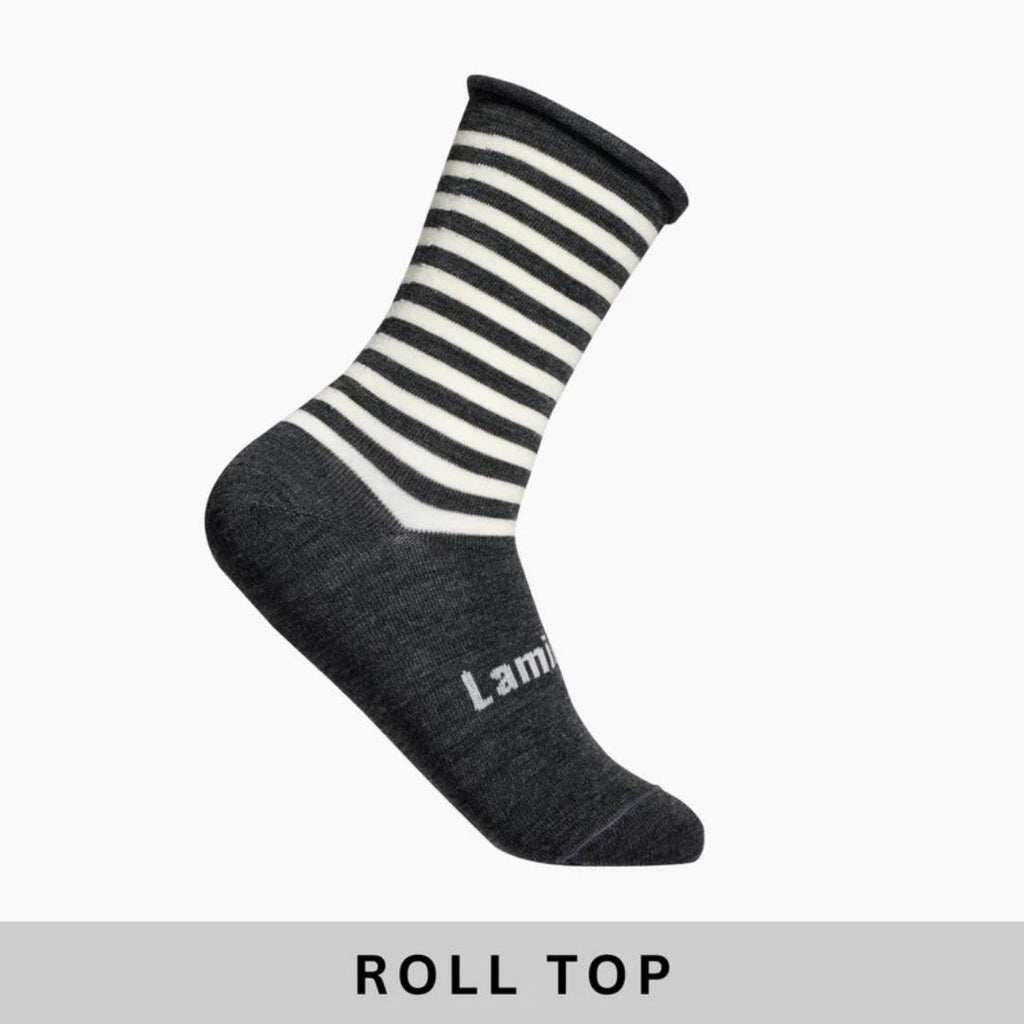 Lamington Merino Mens Socks - Piha. Grey marle crew length sock with multi white stripes on length