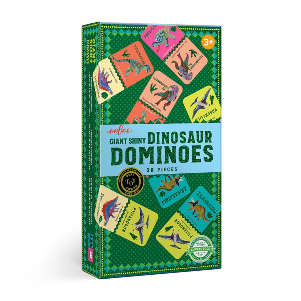 Giant Shiny dinosaur dominoes box in green with illustration of the dinosaur dominos on the front.