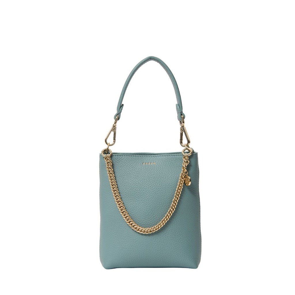 Saben - Coco Mini Bag - Duck Egg. Small blue handbag with gold strap detil and small carry handle