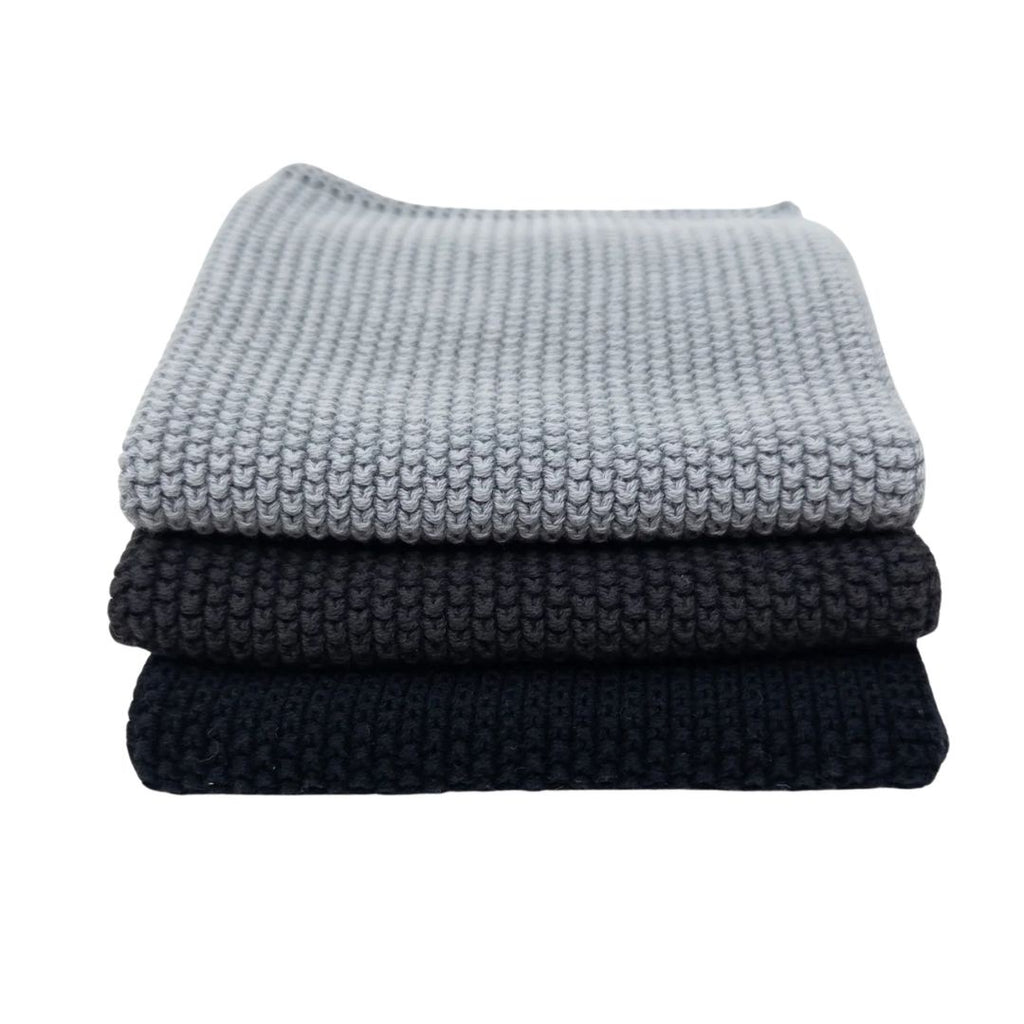 Dish Cloth 3pk - shadow colour range - shades of light grey/blue to dark navy. In a stack of 3 folded cloths