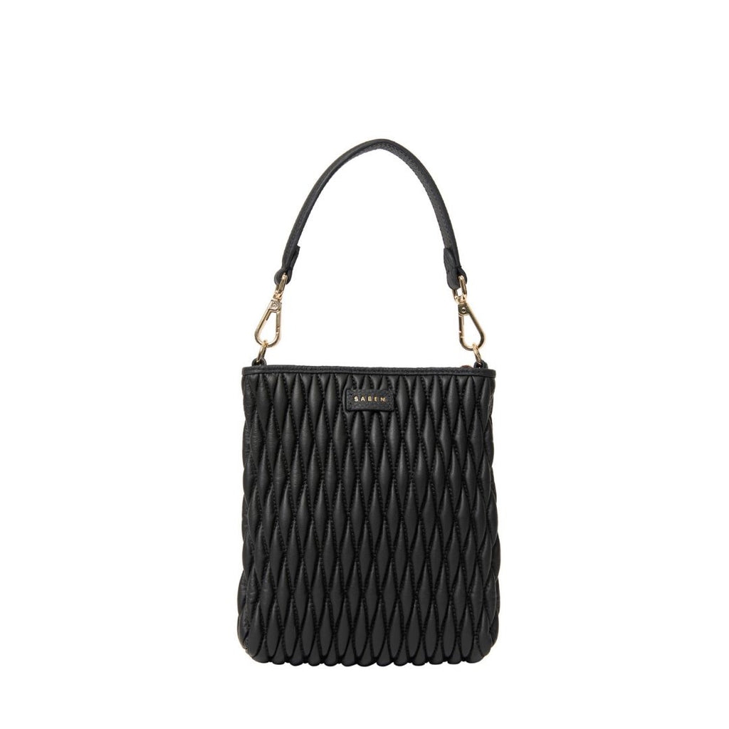 Saben - Coco Mini Bag - Black Diamond Quilt. Small black textured handbag with short handle