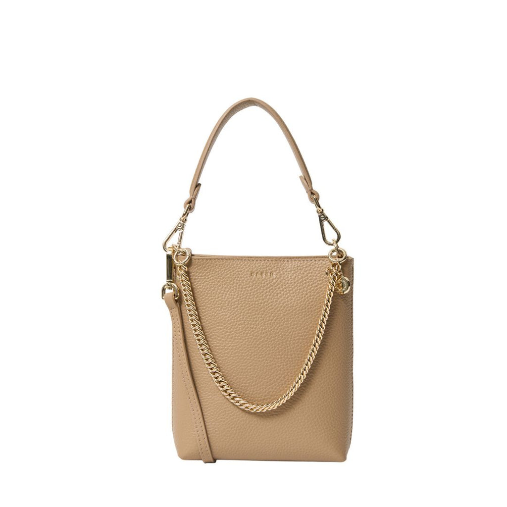 Saben - Coco Mini Bag - Tea. Small tan handbag with gold strap detailing and small carry handle