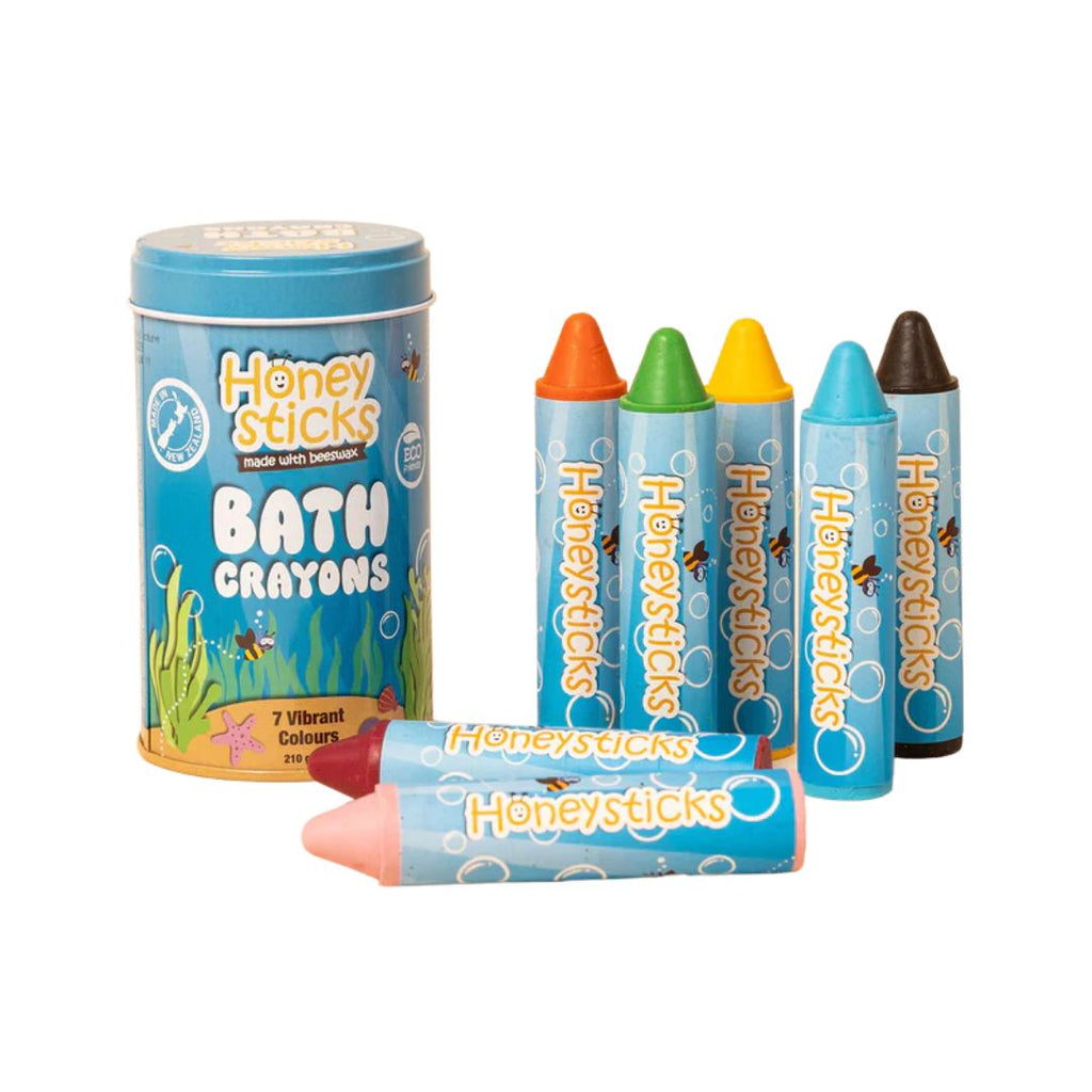 Bath Crayons by honeysticks. A blue tin with 7 coloured crayons