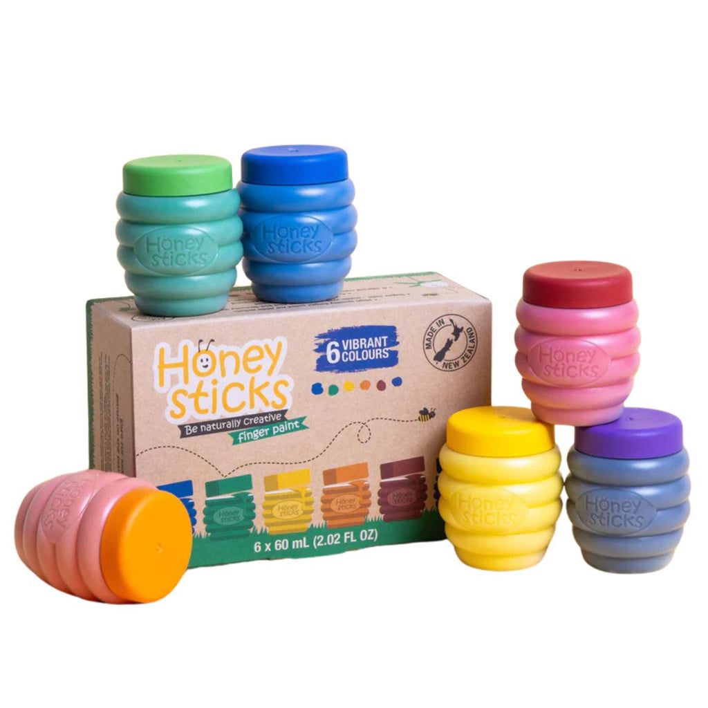 children's finger paint set in 6 coloured pots shaped like a honeypot against a white backgound