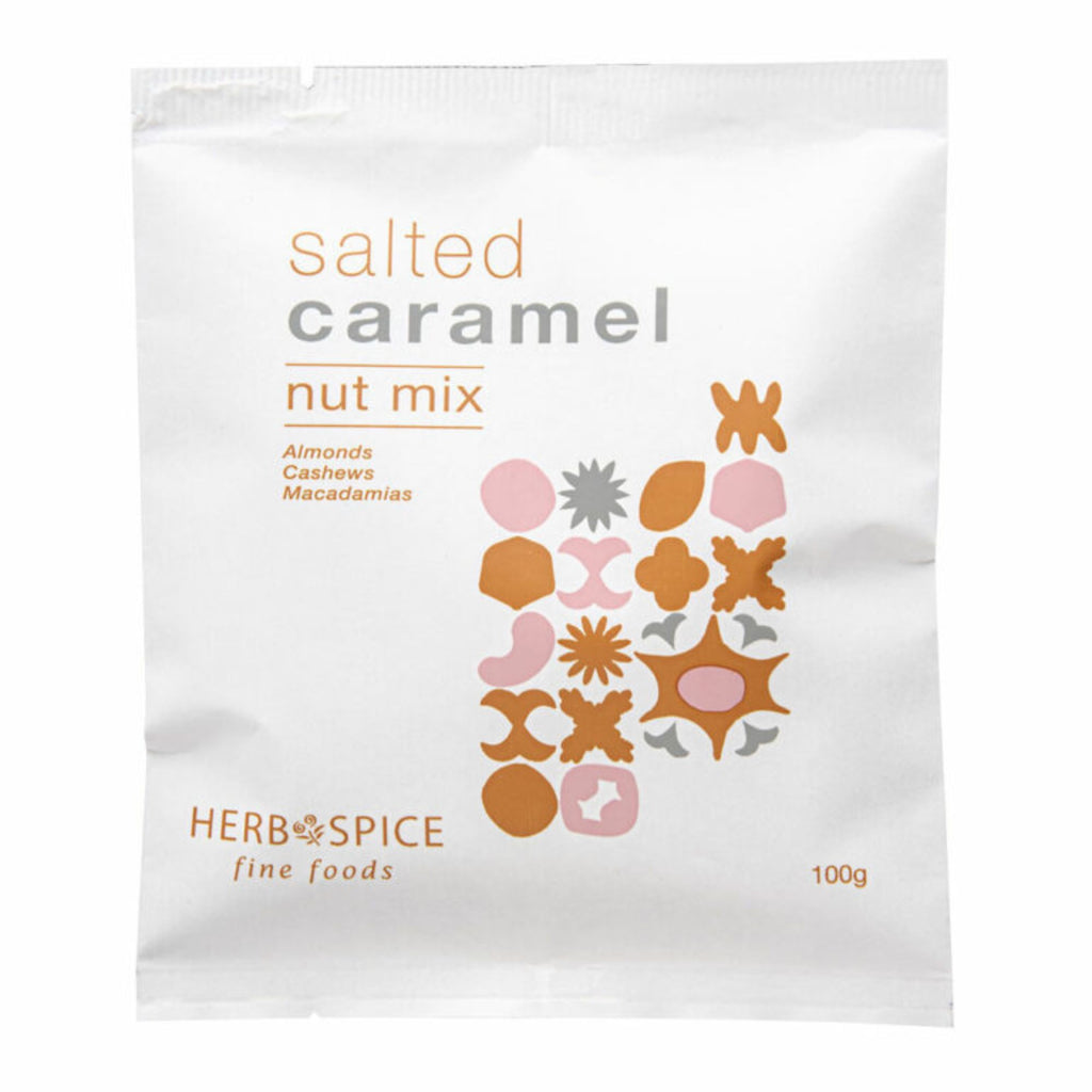 Salted Caramel Nut mix. A white bag with caramel coloured text and patterns