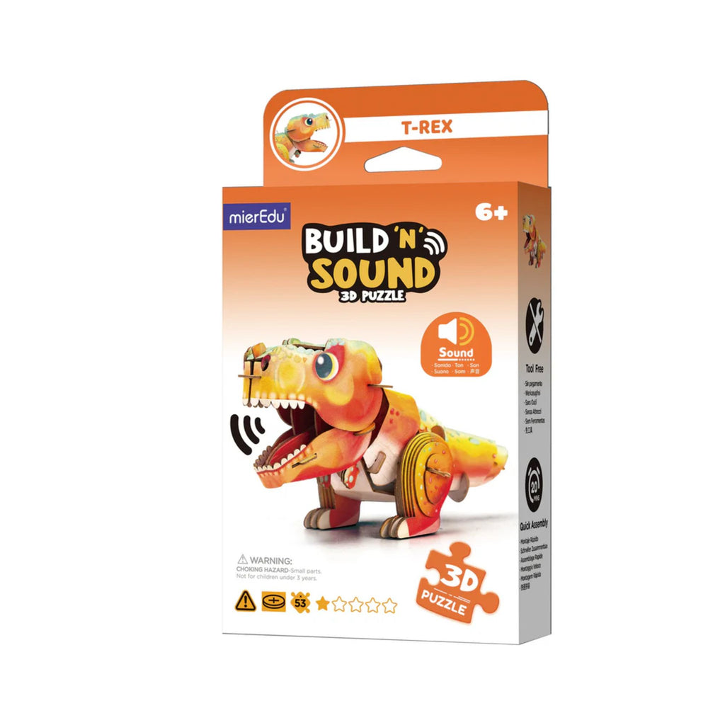 A orange and white ombre box labelled "build 'n' sound 3D puzzle with a cardboard 3D T-Rex puzzle on it