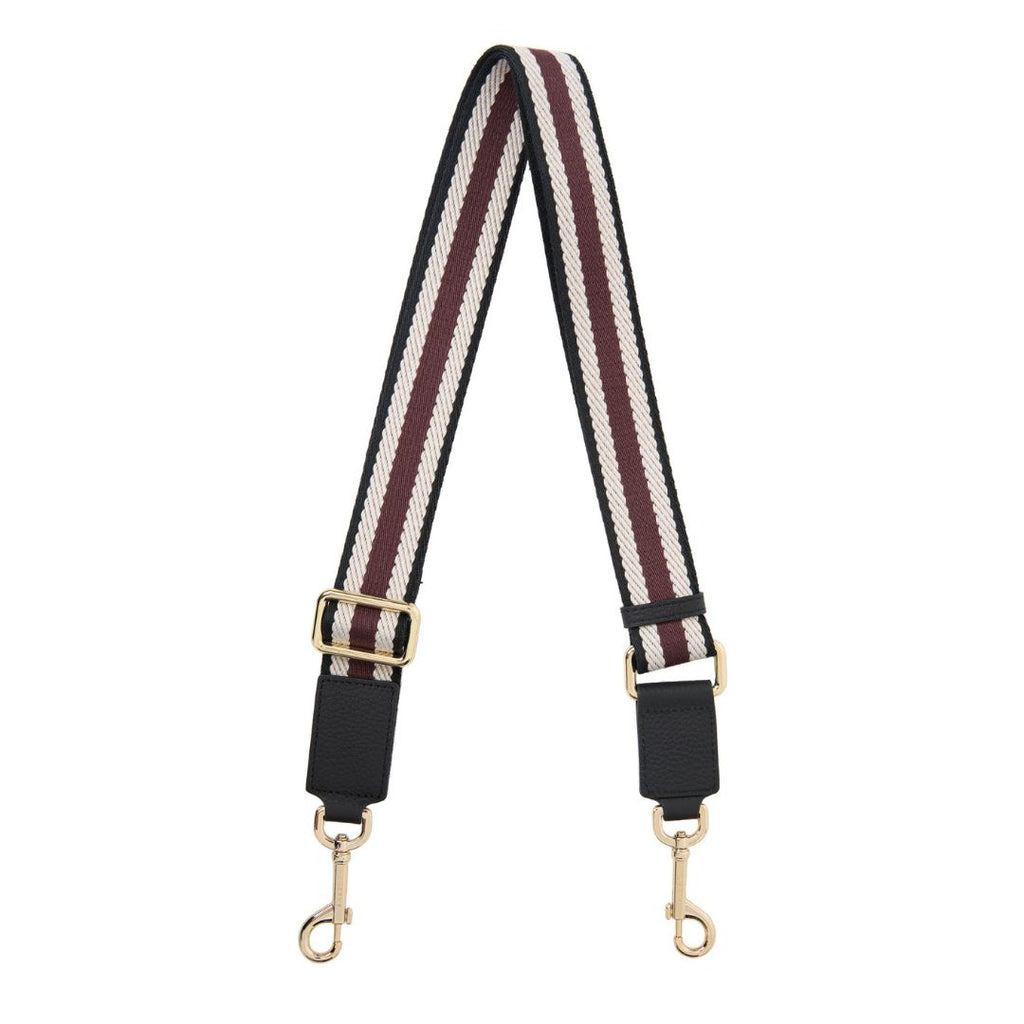 Saben - Feature Strap Webbing Black + White + Merlot. Wide striped handbag strap with gold hardware