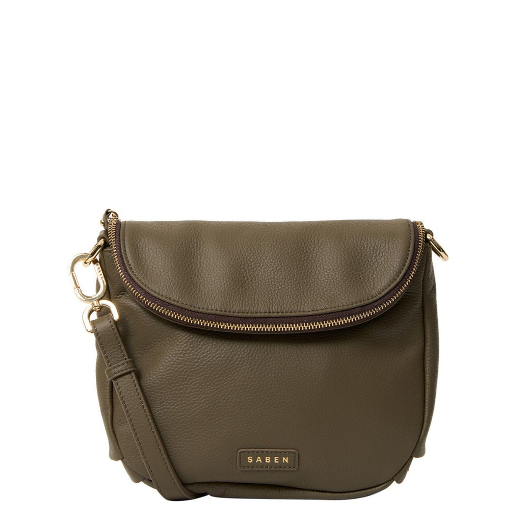 Saben - Fifi Crossbody - Rosemary. Olive green handbag with curved zip detail