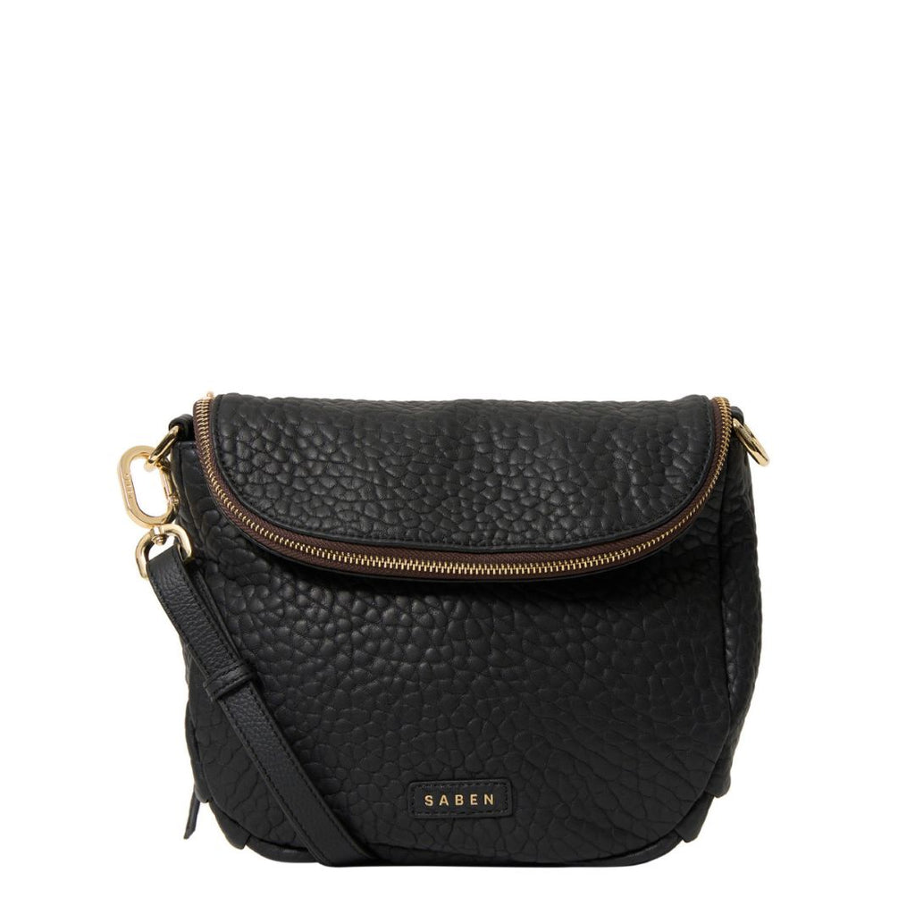 Saben - Fifi Crossbody - Black Bubble. Black textrured handbag with curved zip