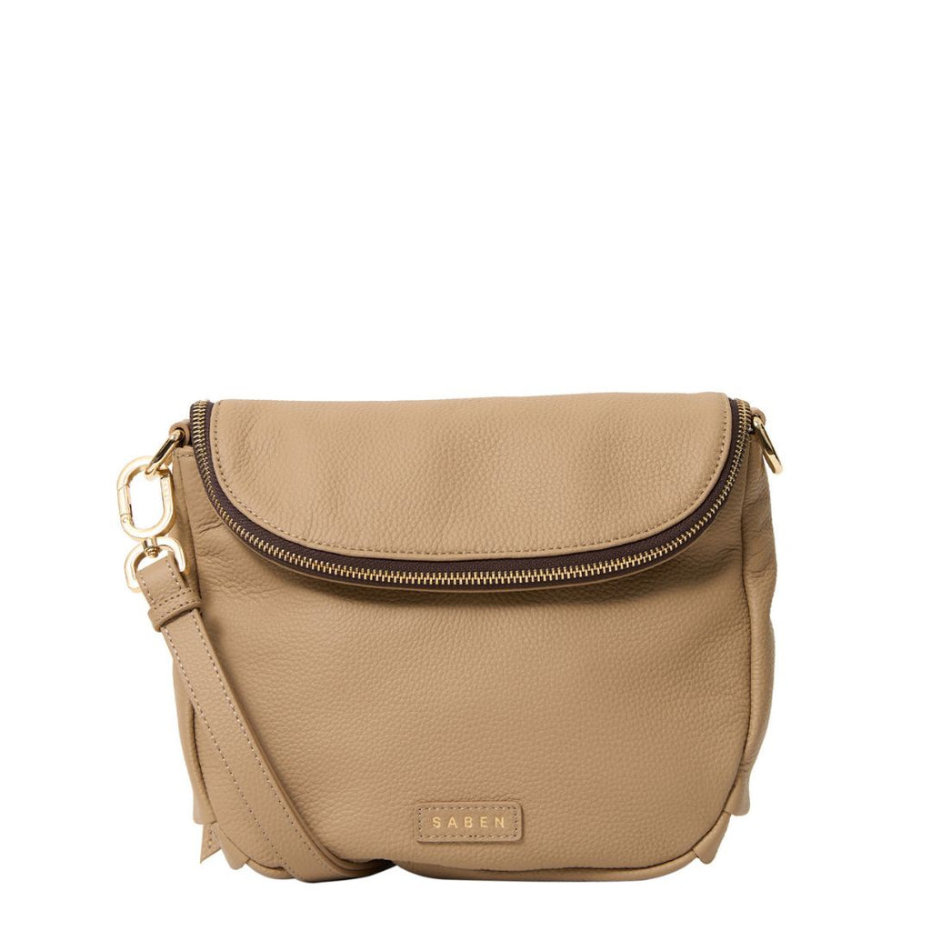 Saben - Fifi Crossbody - Tea. Tan handbag with curved zip detailing