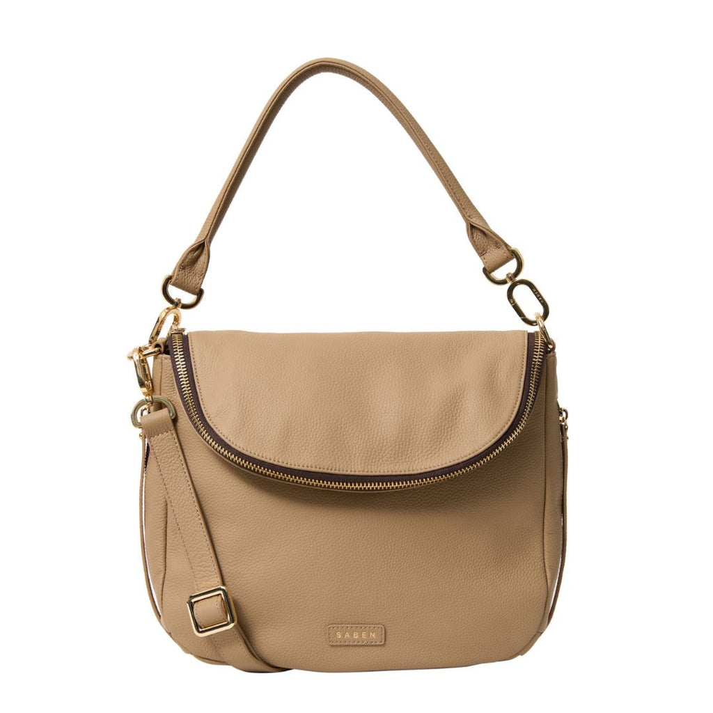 Saben - Frankie Shoulder Bag - Tea. Tan handbag with small carry handle and curved zip