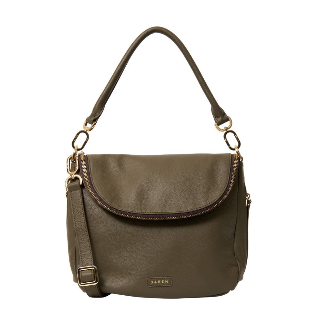 Saben - Frankie Shoulder Bag - Rosemary. Olive green handbag with small carry strap and curved zip