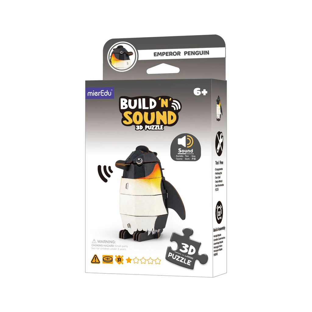 A black and white ombre box labelled "build 'n' sound 3D puzzle" with a cardboard 3D penguin puzzle on it