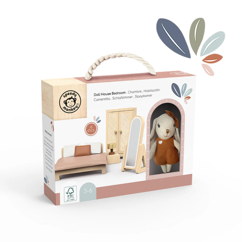 A box with a handle and picture of a wooden doll house bedroom set including including a bunny figure, wardrobe, bed, side table, lamp and mirror 