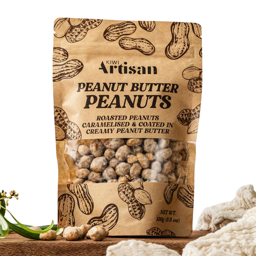 Kiwi Artisan peanut butter peanuts in a brown resealable bag with a clear window on the front