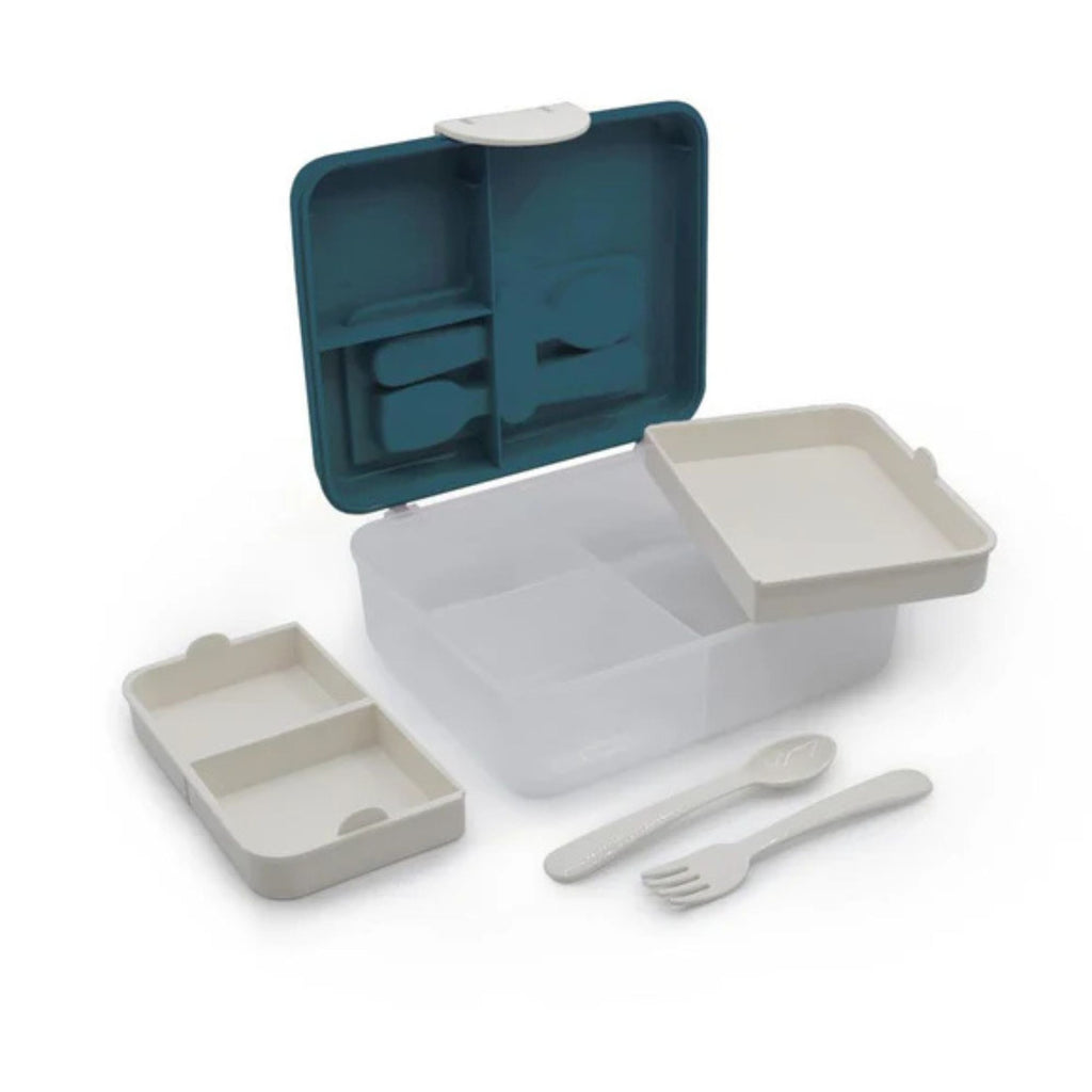 An open plastic lunchbox with a dark blue lid and transparent bottom filled featuring removable compartments and cutlery 