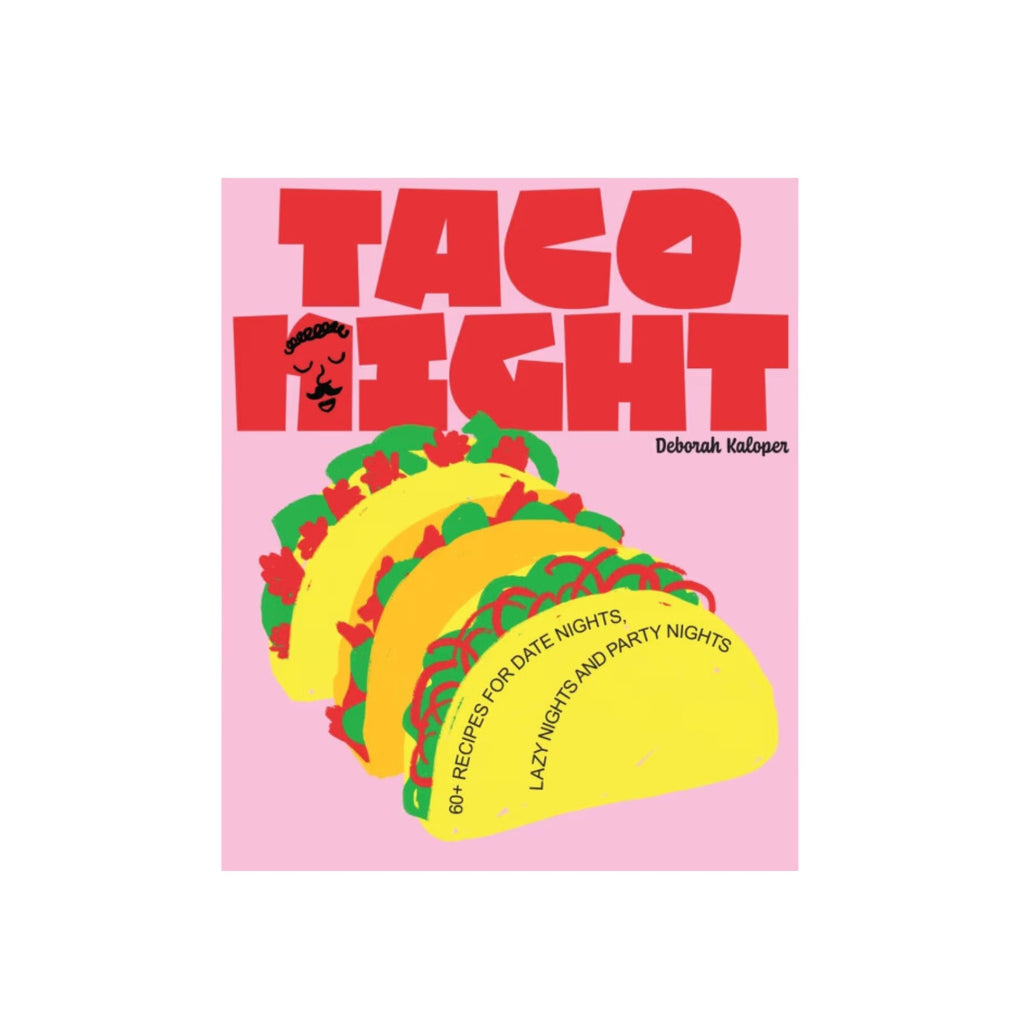 A pink book titled "taco night" with a drawing of tacos on the front