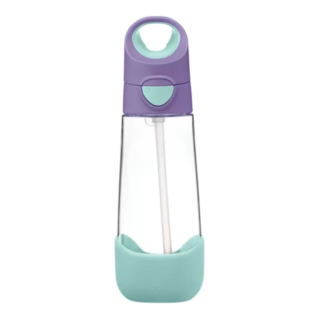 B.Box 600ml Tritan Drink Bottle Lilac Pop.  A clear plastic bottle with a purple and turquoise lid and base