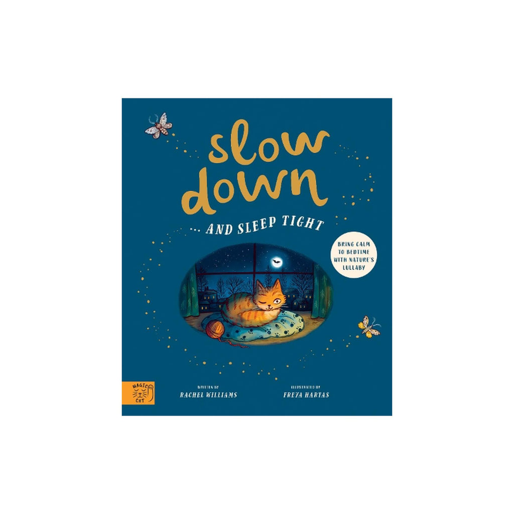 A blue Children's picture book cover with a cat titled "slow down and sleep tight"