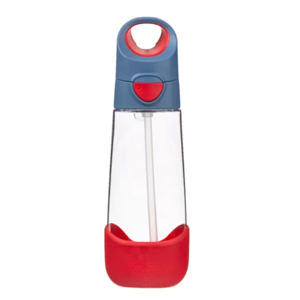 B.Box 600ml Tritan Drink Bottle Blue Blaze. Clear plastic bottle with a blue and red lid and red base