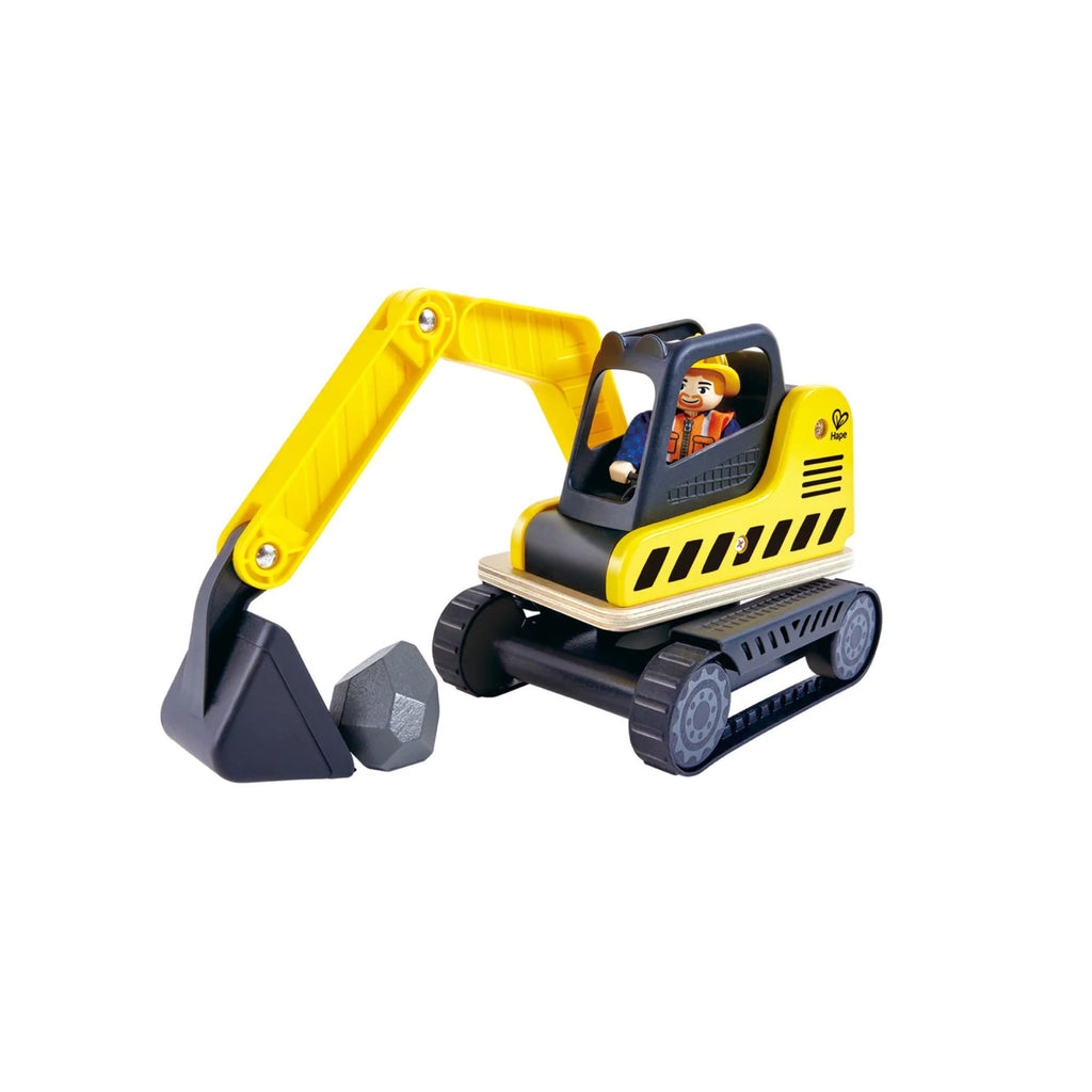 Toy excavator with a toy figure and rock