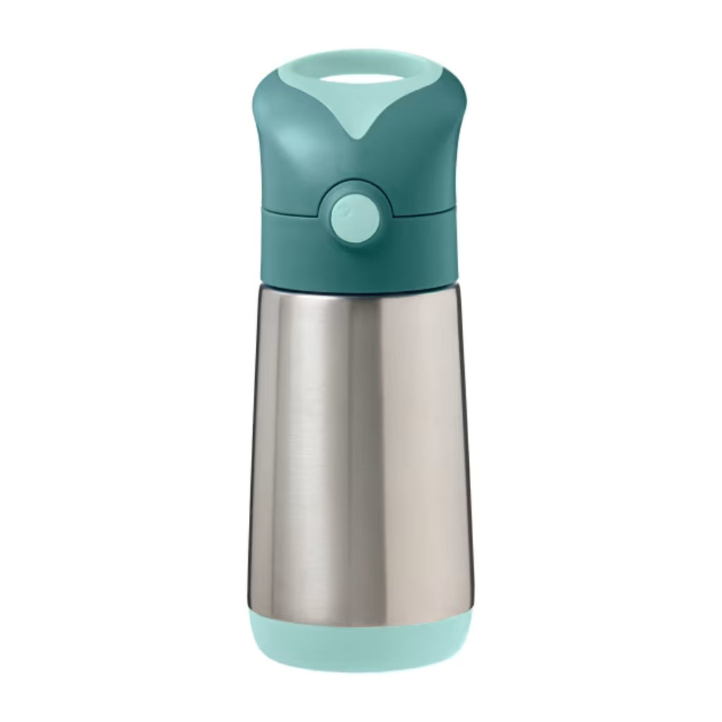 B.Box 350ml Insulated Drink Bottle Emerald Forest. A stainless steel bottle and a green lid and base