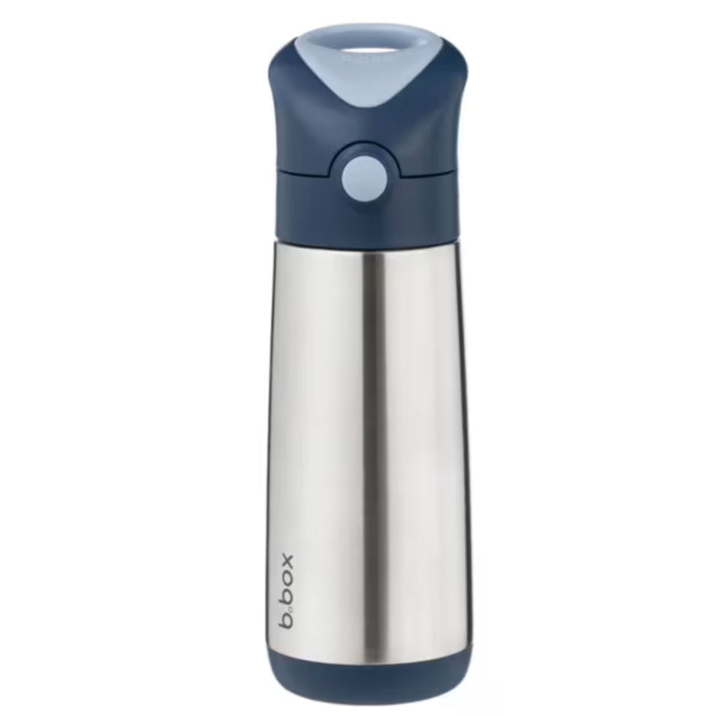 B.Box 500ml Insulated Drink Bottle Midnight. A navy and light blue lid with a stainless steel body